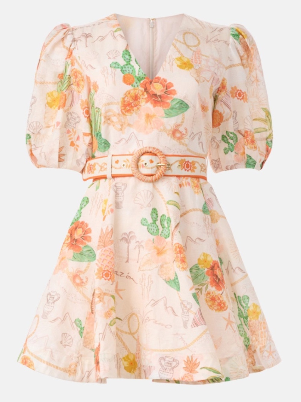 Kate Ford Tacana Plunge Mini Dress Belt Linen Floral Orange Ivory - Size 0